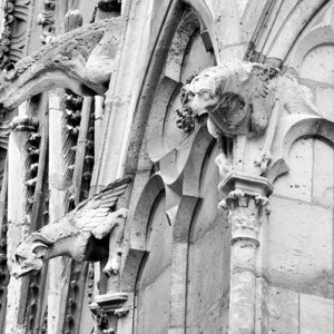 French cathedral with gargoyles serving as downspouts.